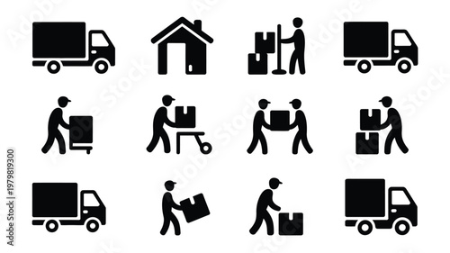 Vector illustration of delivery and moving services featuring trucks workers and boxes in a clean black and white style
