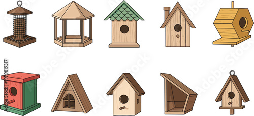 Birdhouse Collection with Wooden Garden Bird Feeders and Nesting Boxes Set for Outdoor Wildlife Decor Vector Illustration