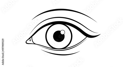 Detailed black and white line art illustration of a human eye with pupil and iris, isolated white background.