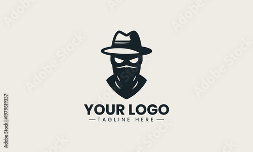 Black masked character with hat is presented as bold monochrome vector logo on clean white background for security and anonymous mascot branding use