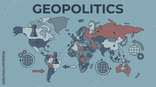 Global Geopolitical Strategy Concept with World Map and Chess Pieces
