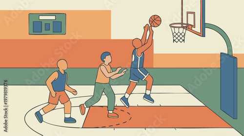 Three stylized basketball players on a court shooting the ball with a scoreboard