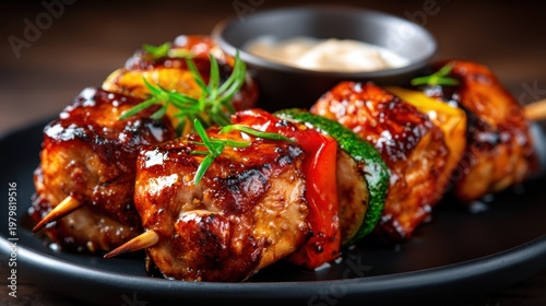 Delicious grilled chicken skewers are served with vibrant vegetables and a savory sauce, perfect for summertime barbecues and gatherings that celebrate good food and togetherness.