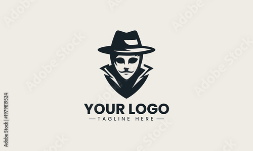 Black masked character with hat is presented as bold monochrome vector logo on clean white background for security and anonymous mascot branding use