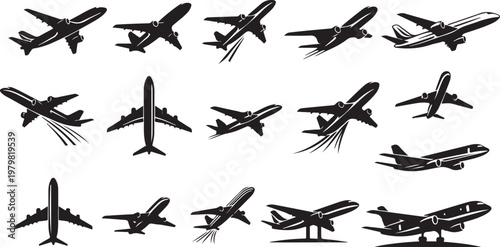 Collection of airplane silhouettes in various flight positions vector