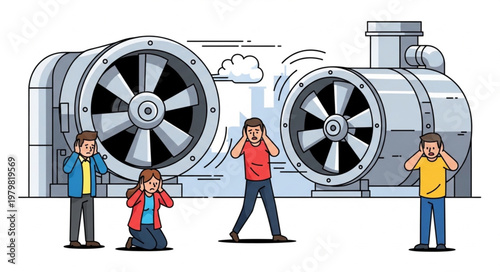 People covering ears near loud industrial fans.