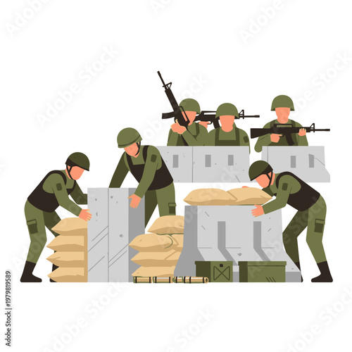 Soldiers Fortifying Position with Sandbags and Barriers