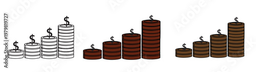 An illustration of coins stacked in various heights with dollar signs on top, symbolizing financial growth and comparison.
