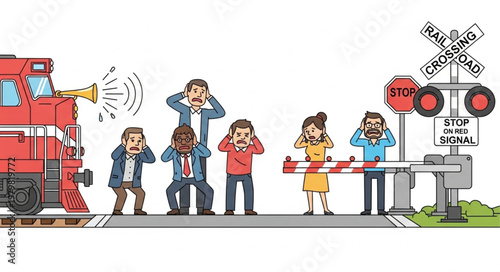 People covering ears near loud train at railroad crossing.