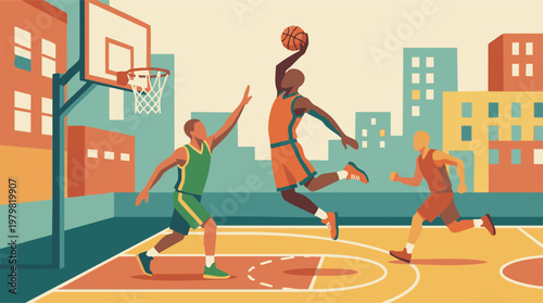 Basketball players in action on an urban court, dynamic sports illustration