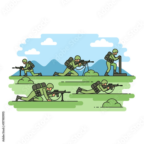 Soldiers in action, military exercise, combat training, teamwork, battlefield illustration