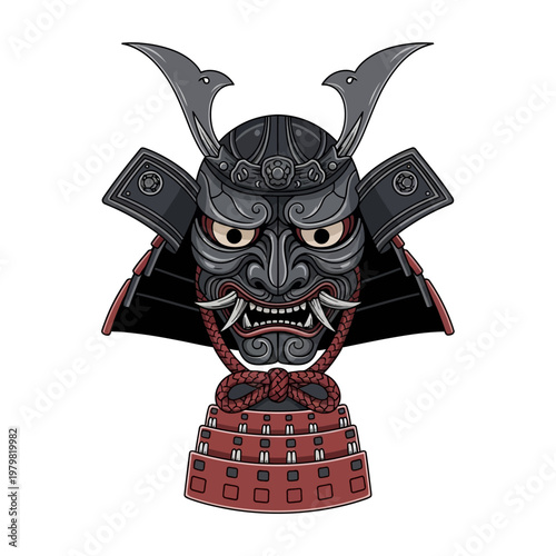 Fierce Samurai Mask and Armor Illustration - Japanese Warrior Icon