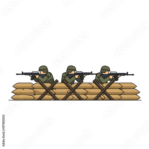 Soldiers in Trench, Defensive Stance with Rifles, Military Combat Illustration