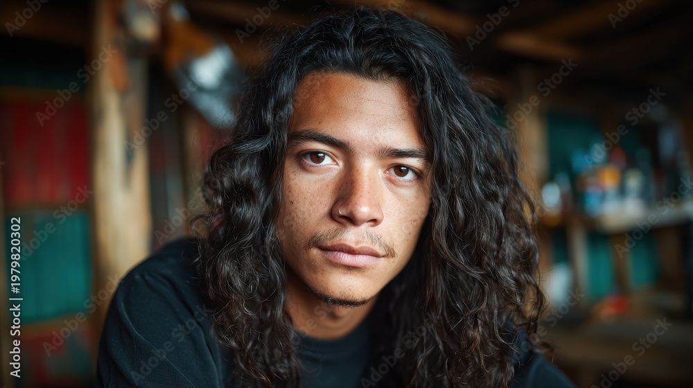 © svastix - A close-up of a pensive young man with long curly hair, conveying depth of thought and emotion, inviting viewers to connect with his reflective expression and gaze.