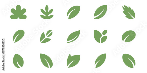Green leaf icons set, leaves icon on isolated background, collection of green leaf elements for natural, eco, vegan, and bio labels, vector illustration ideal for packaging, branding, 