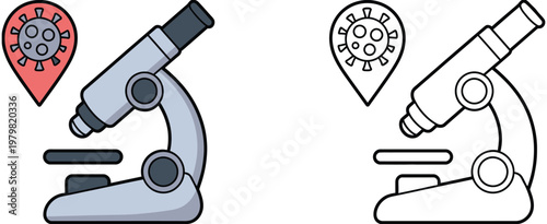 Scientific microscope with microbe observation vector illustration, laboratory research equipment symbol, microbiology study icon, clean modern isolated design for science and healthcare.