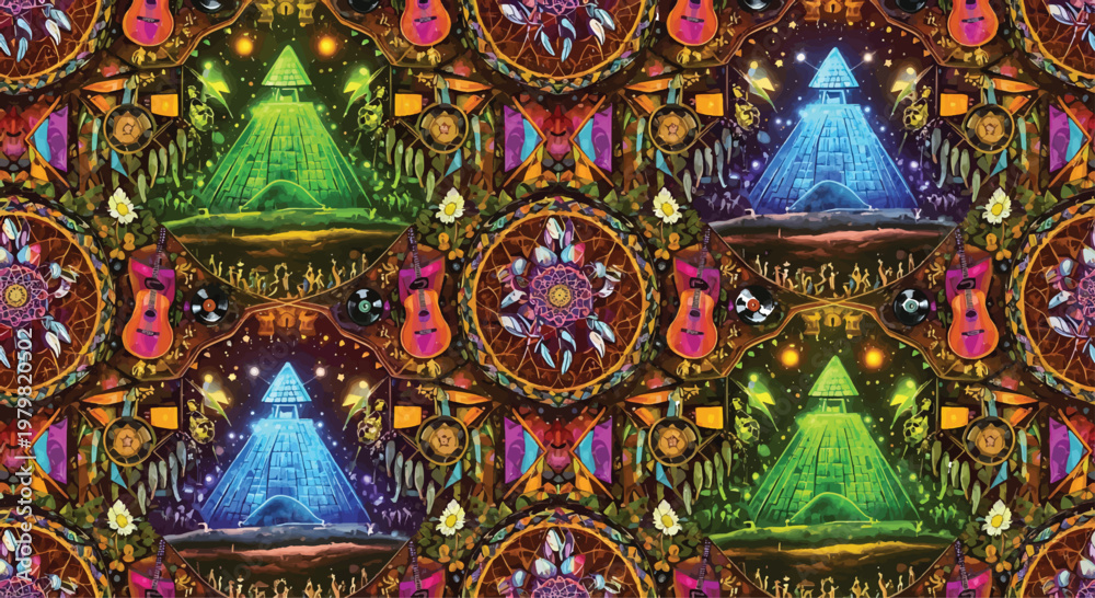 Obraz premium Glowing pyramids stand within intricate circular mandalas featuring decorative tribal patterns and mystical symbols.