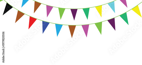 Colorful triangular pennant flags on green strings with transparent background for party decoration