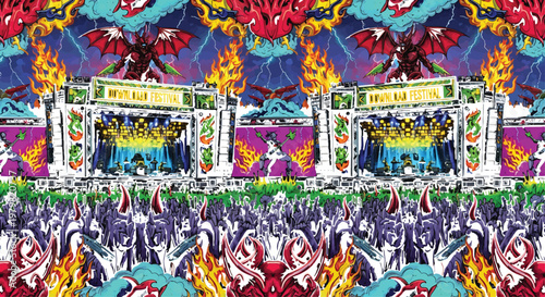 Music festival stage features vibrant monsters and fiery pyrotechnics during a high-energy live performance.