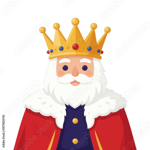 Elderly King with Crown and Beard Flat Vector Icon