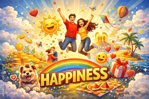 A joyful couple jumps over a rainbow with the word Happiness among sun, coins, dog, kite and happiness symbols — a bright festive poster