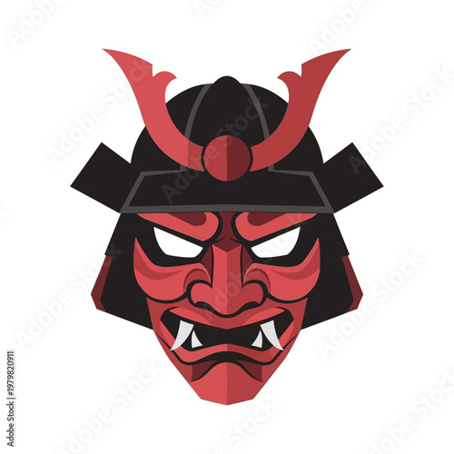 Japanese Samurai Mask - Oni Mask Illustration - Red and Black Traditional Warrior Face