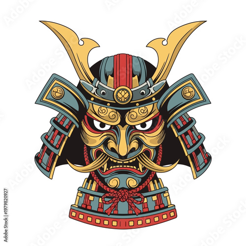 Intricate Samurai Mask Illustration - Traditional Japanese Warrior Helmet