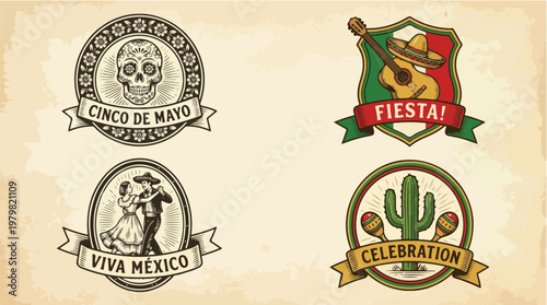Vintage Mexican culture celebration emblems set featuring sugar skull, mariachi guitar, dancing couple, cactus, and maracas for Cinco de Mayo and Fiesta events