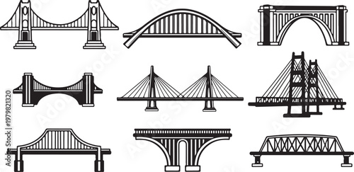 Various Illustrations of Bridges in Different Architectural Styles Shown