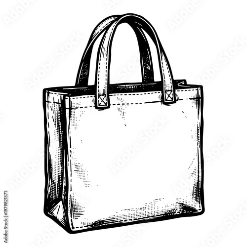 Elegant black and white woodcut style vector illustration of a classic leather handbag with handles, perfect for design and artistic projects requiring vintage aesthetic.