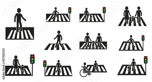 Pedestrian Crossing Icons Set.
