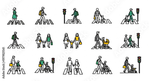 Pedestrian crossing safety illustrations people walking traffic lights.