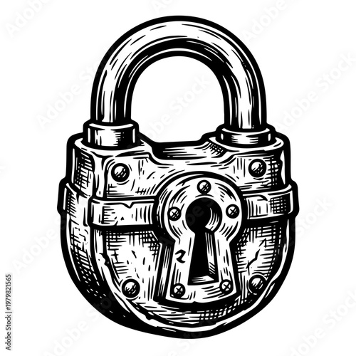 Intricately detailed black and white woodcut style vector illustration of a vintage padlock with keyhole and curved shackle on white background.