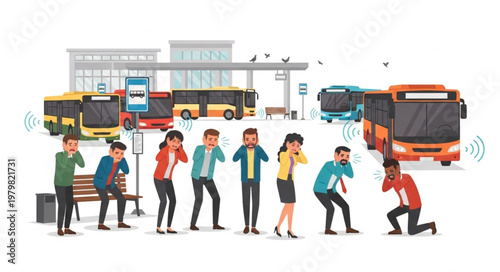 People covering ears at busy bus station with loud noise pollution.