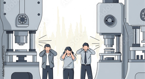 People covering ears and eyes between industrial machines.