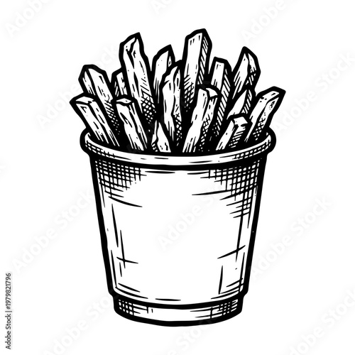 Black and white woodcut-style vector illustration of a bucket filled with crispy french fries on a plain background.
