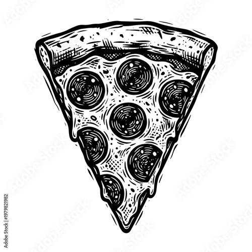 A delicious slice of pepperoni pizza in a traditional woodcut style vector illustration with bold black lines and white background, perfect for culinary designs.