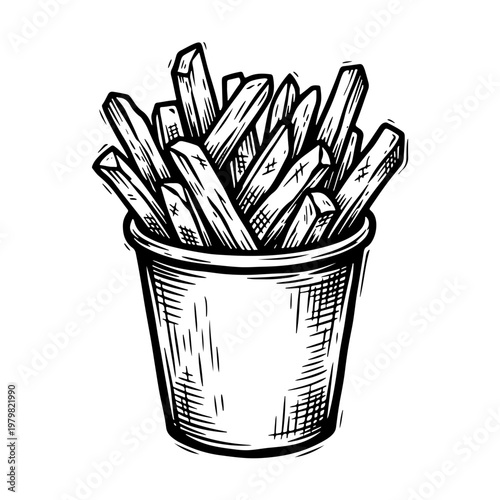 Woodcut style vector illustration of a bucket filled with crispy french fries, rendered in black and white with bold lines and shading, perfect for graphic design projects and culinary themes.