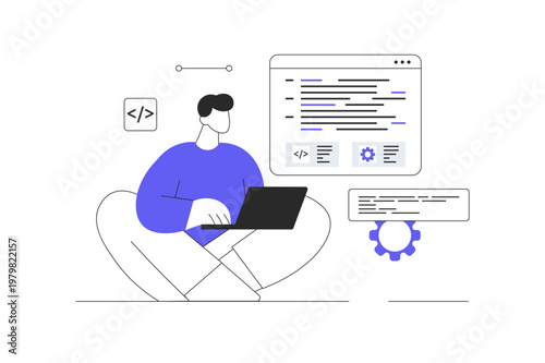 Programming software concept. Man write, test and optimize code, work with different program languages.  Flat Cartoon Vector Illustration, icon Stylish abstract design landing page web