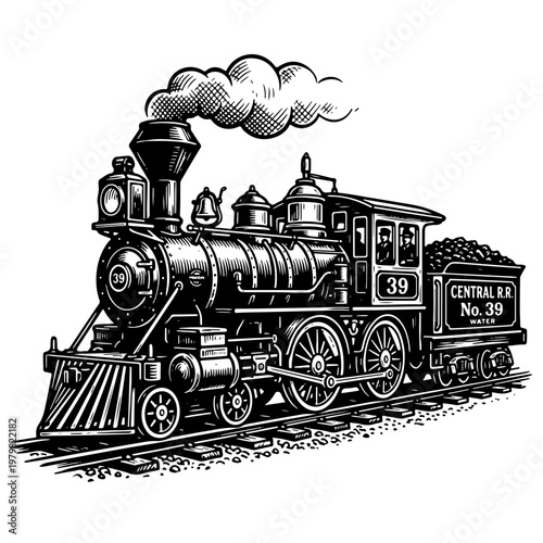 Vintage steam locomotive No. 39 in a classic woodcut style, puffing smoke on railroad tracks.
