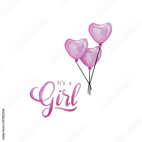 It's a girl watercolour illustration for a baby shower. Hand drawn png element isolated on a background