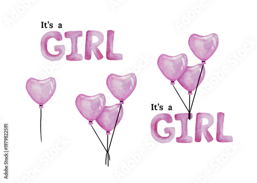 It's a girl watercolour illustration for a baby shower. Hand drawn png element isolated on a background