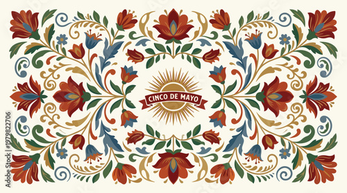 Mexican Cinco de Mayo Celebration Background with Traditional Folk Art Floral Pattern and Sun Emblem for Cultural Holiday Greeting Card and Festive Decoration