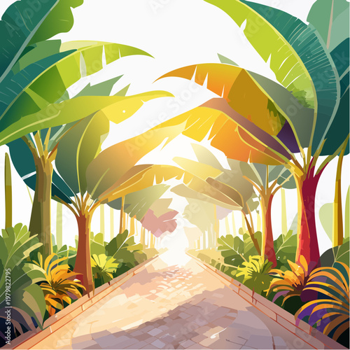 Tropical pathway bathed in golden sunlight, lush foliage, vibrant green leaves, sunbeams through trees