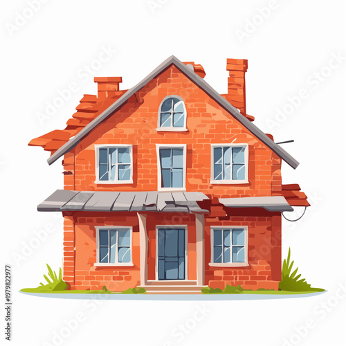 Dilapidated Brick House with Overgrown Grass and Damaged Roof