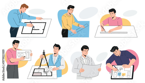Collection of architects and designers working on blueprints and architectural plans, showcasing the creative process of building design.