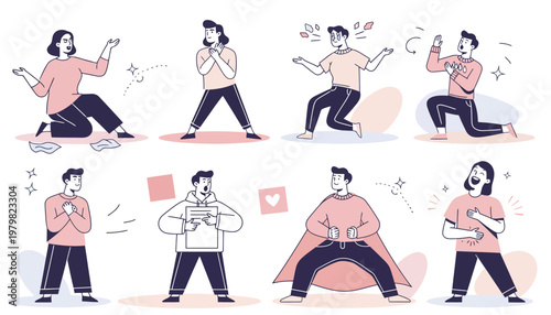 Collection of diverse people expressing strong emotions and performing dramatic gestures, illustrating a range of human feelings and theatrical actions.