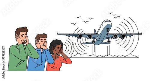 People covering ears from loud airplane noise.