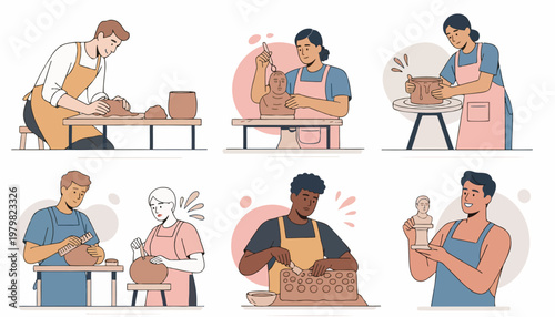 Illustrations depicting people engaged in pottery making, showcasing various stages of the craft from shaping clay to finishing.