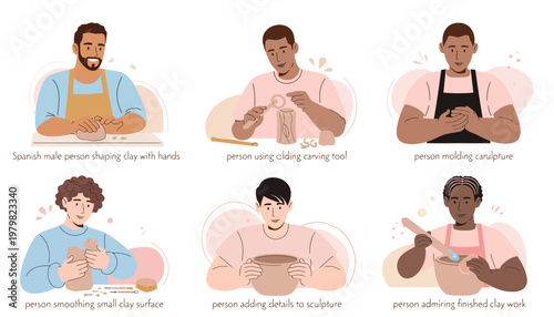 A collection of six diverse individuals engaged in various pottery and sculpting activities, showcasing different techniques and stages of creation.